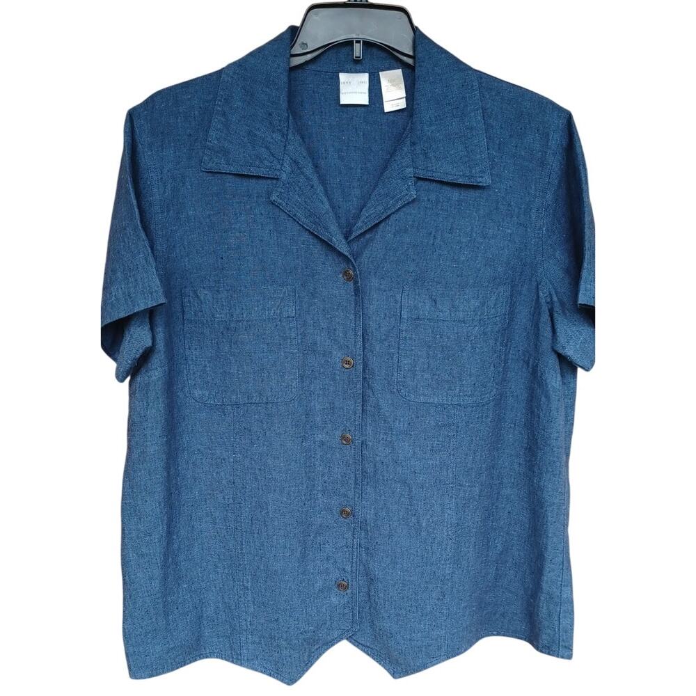 Blue 100% Linen Camp Shirt 16W Coastal Vacation Button Front Top